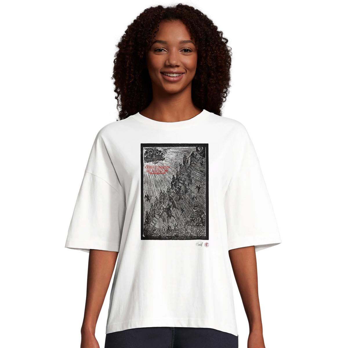 Model wearing T-shirt “The Ladder”, white, women’s cut – front view