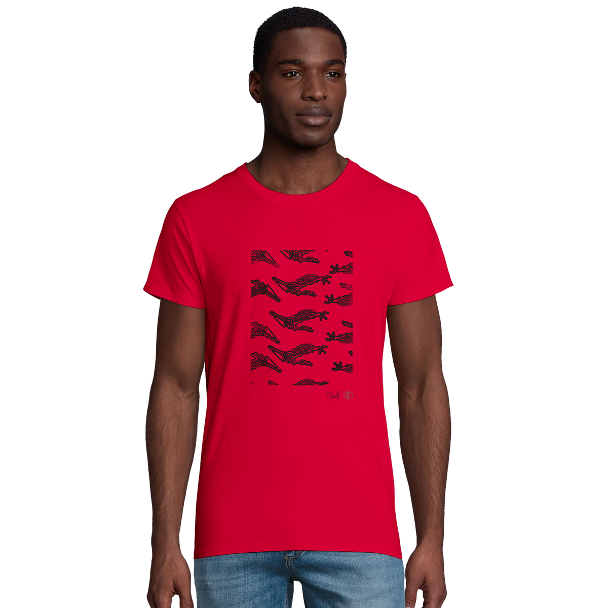 Model wearing T-shirt “Claws”, red, men’s cut – front view