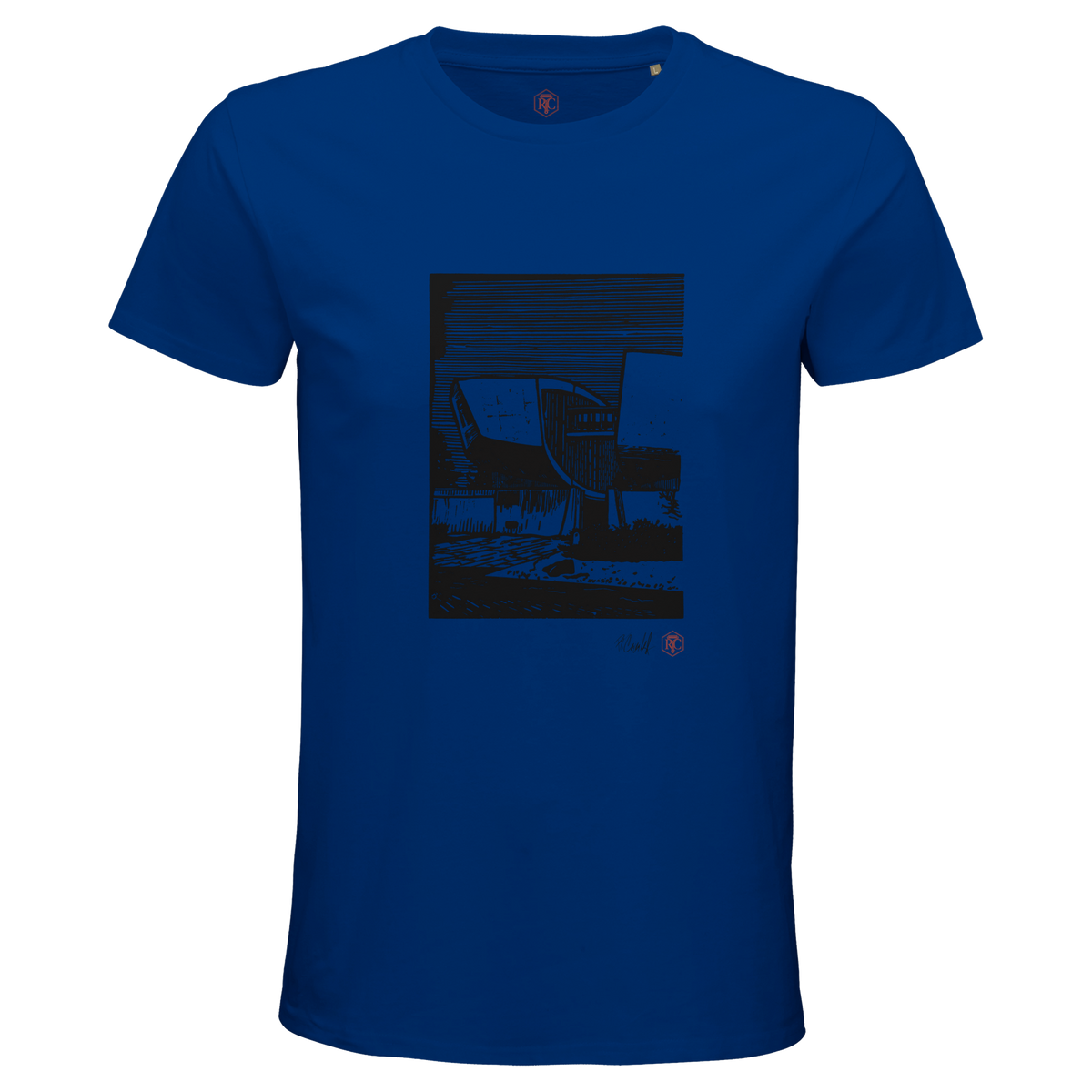 Organic cotton T-shirt with the linocut “SNP” – royal blue, men’s cut