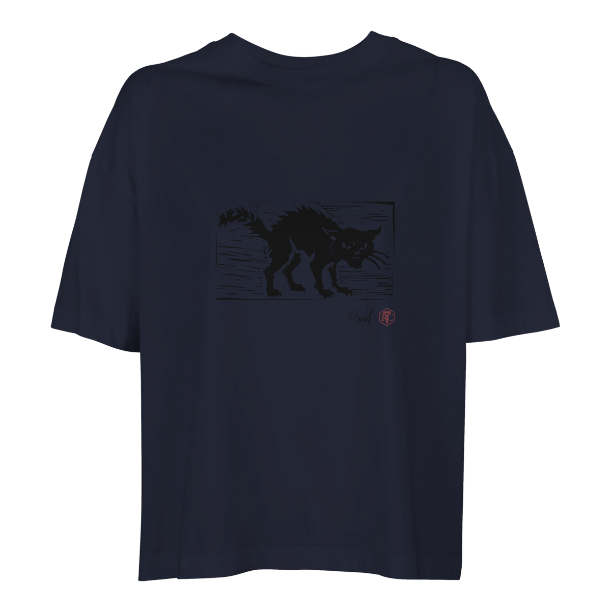 Organic cotton T-shirt with the linocut “Cat” – navy blue, women’s cut