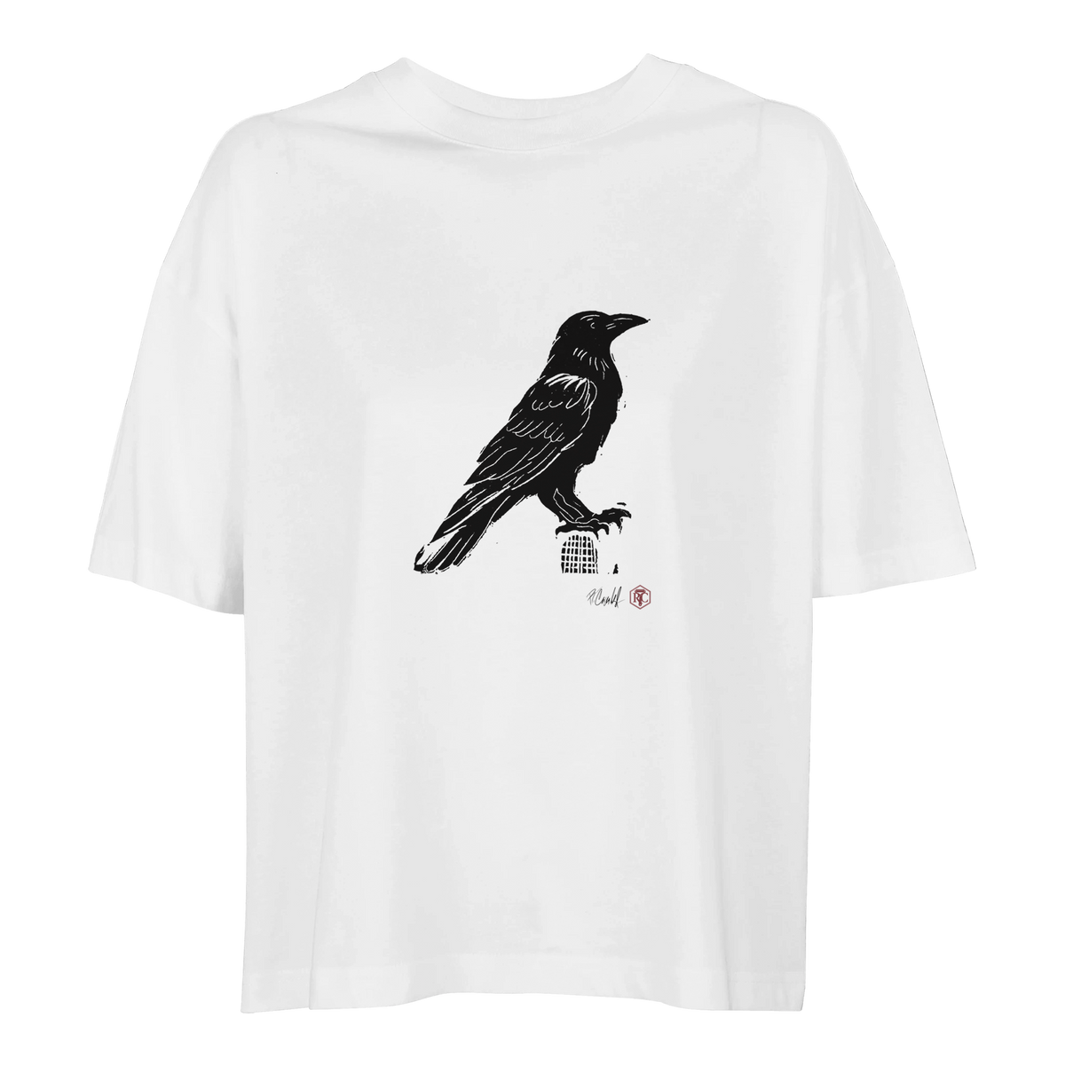 Organic cotton T-shirt with the linocut “Raven” – white, women’s cut