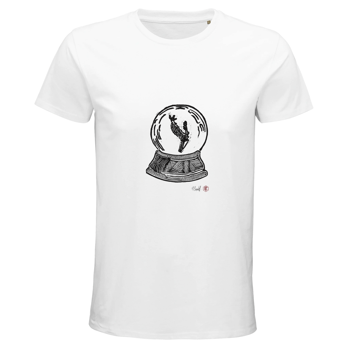 Organic cotton T-shirt with the linocut “Snow Globe Branch” – white, men’s cut