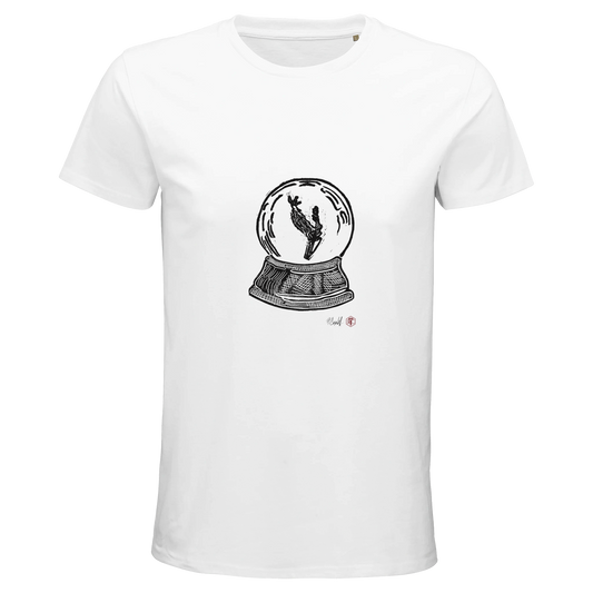 Organic cotton T-shirt with the linocut “Snow Globe Branch” – white, men’s cut