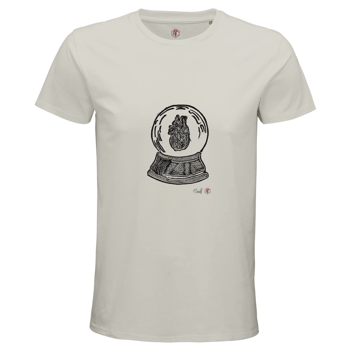 Organic cotton T-shirt with the linocut “Snow Globe Heart” – ash grey, men’s cut