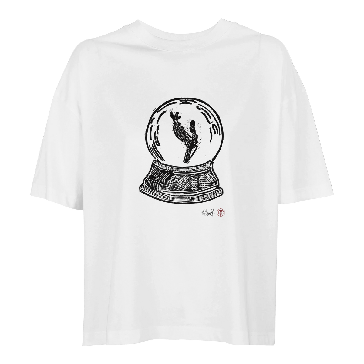 Organic cotton T-shirt with the linocut “Snow Globe Branch” – white, women’s cut