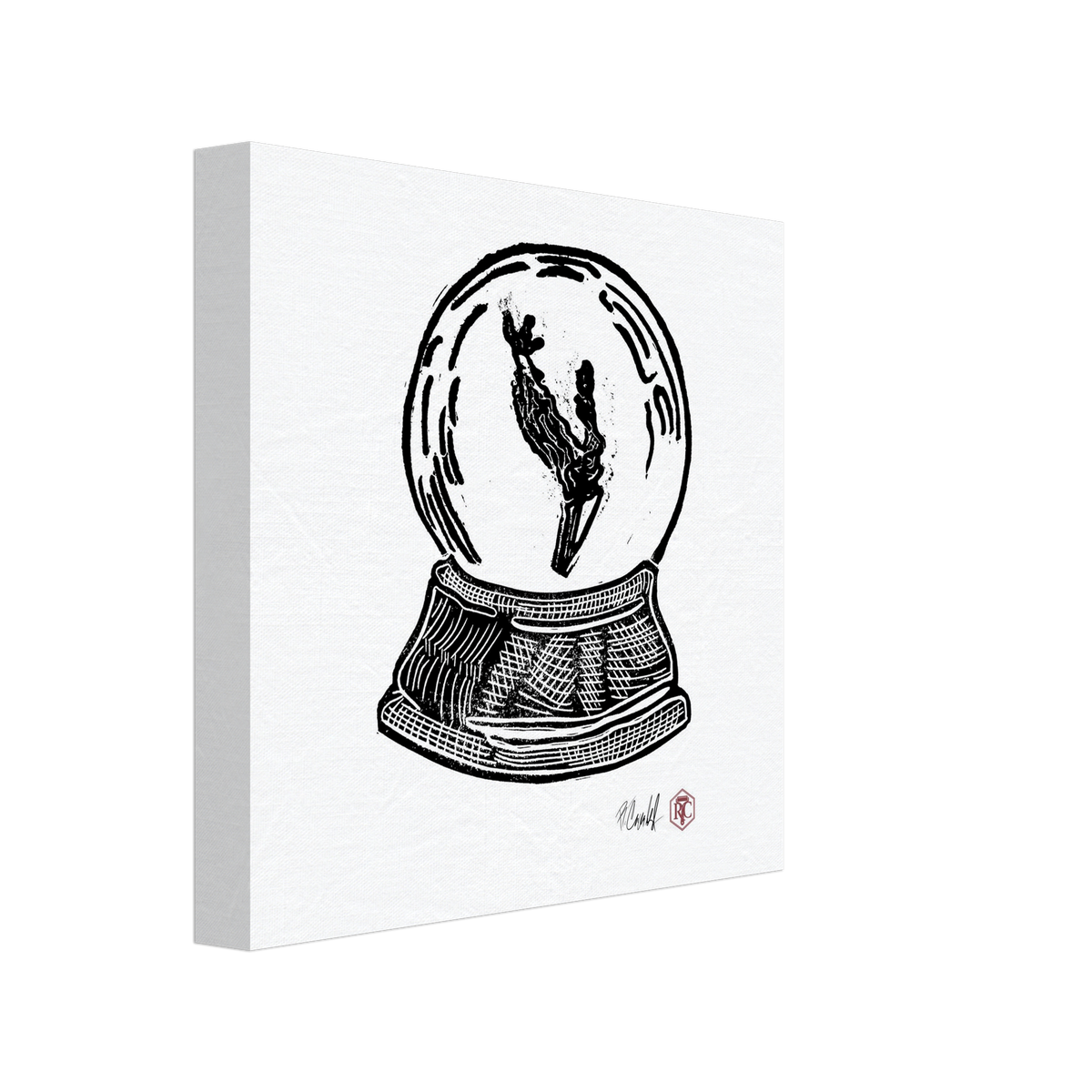 Canvas print 20 × 20 cm with the linocut “Snow Globe Branch” – side view