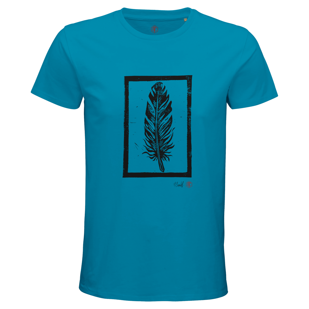 Organic cotton T-shirt with the linocut “Feather” – aqua, men’s cut