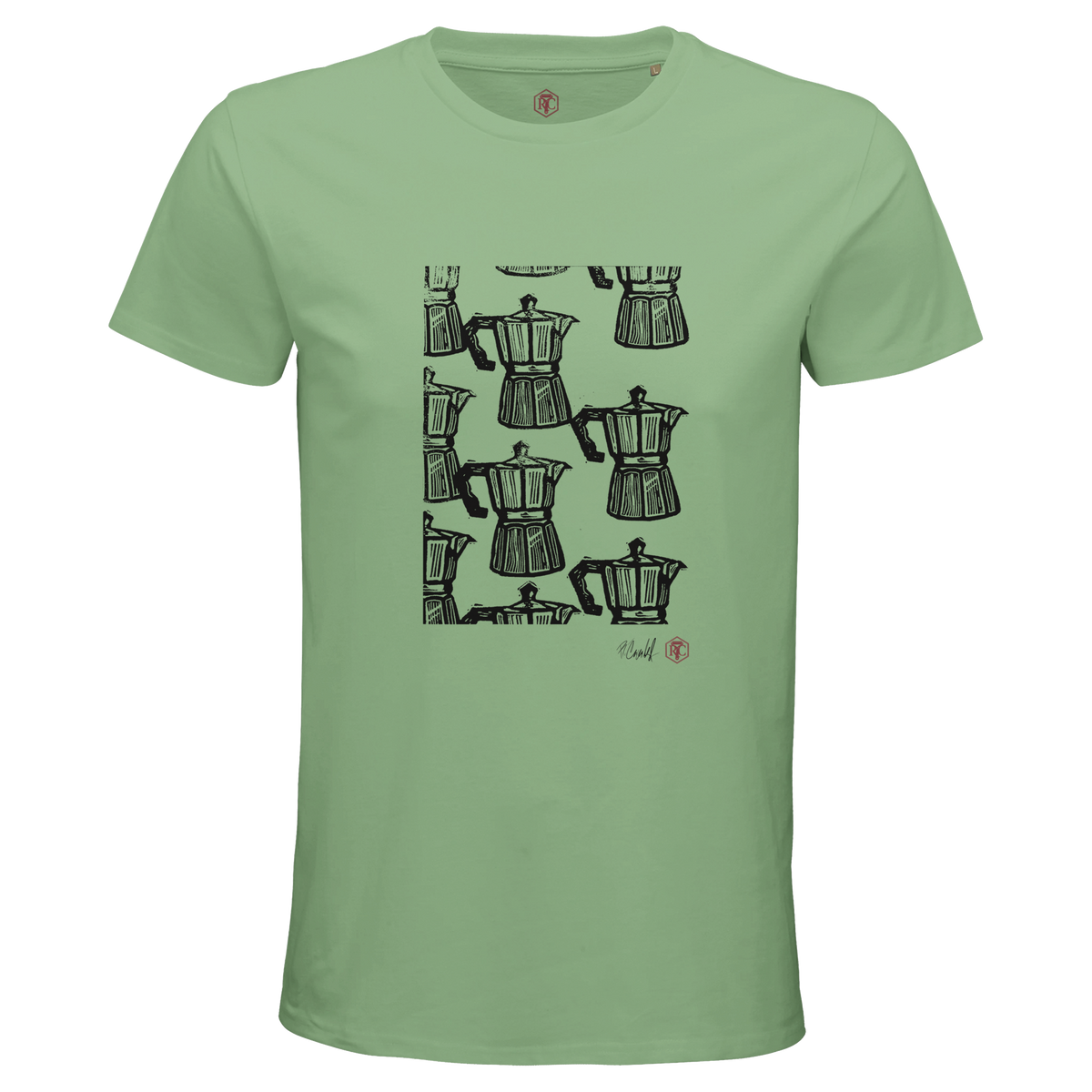 Organic cotton T-shirt with the linocut “Moka” – apple green, men’s cut