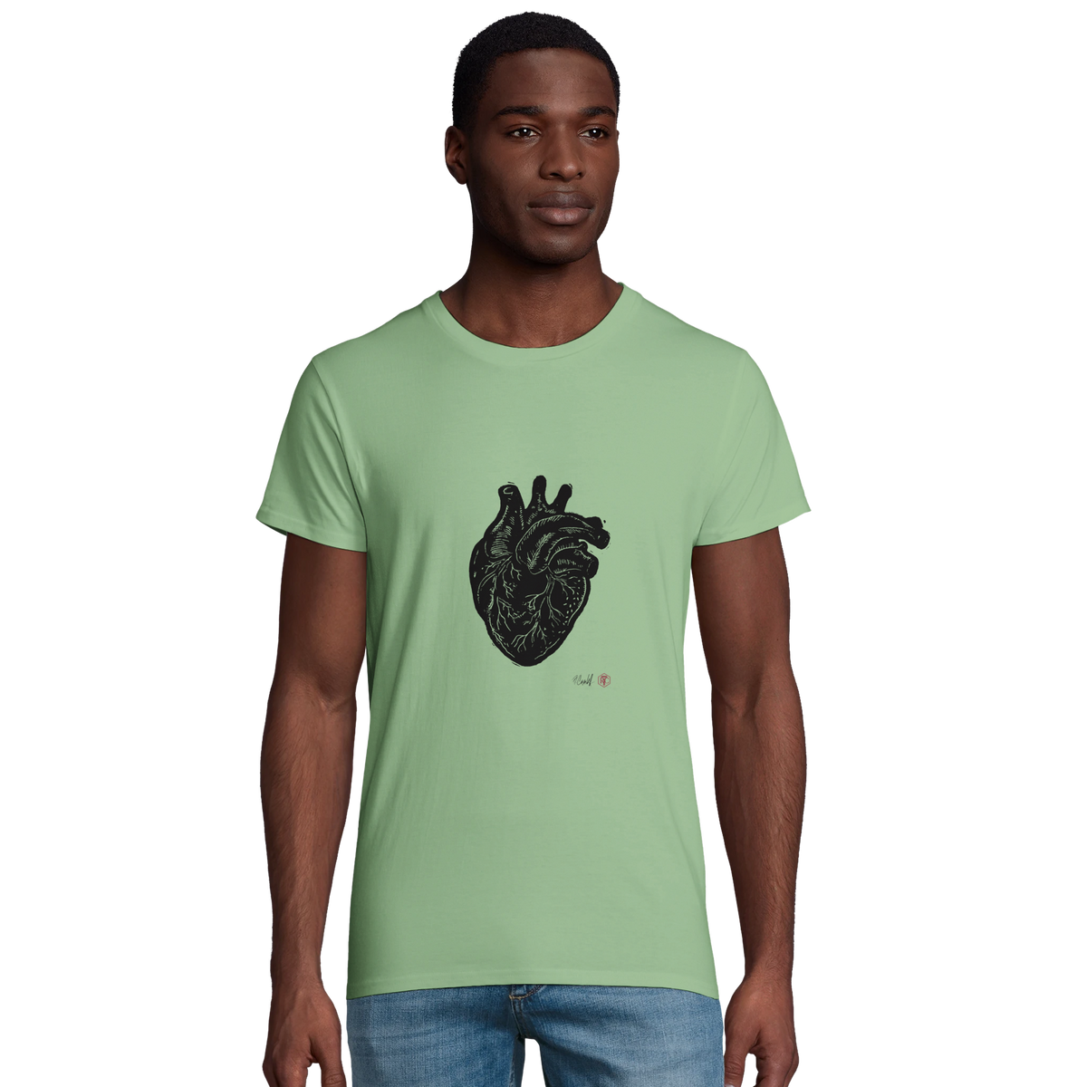 Model wearing T-shirt “Anatomical Heart”, apple green, men’s cut – front view