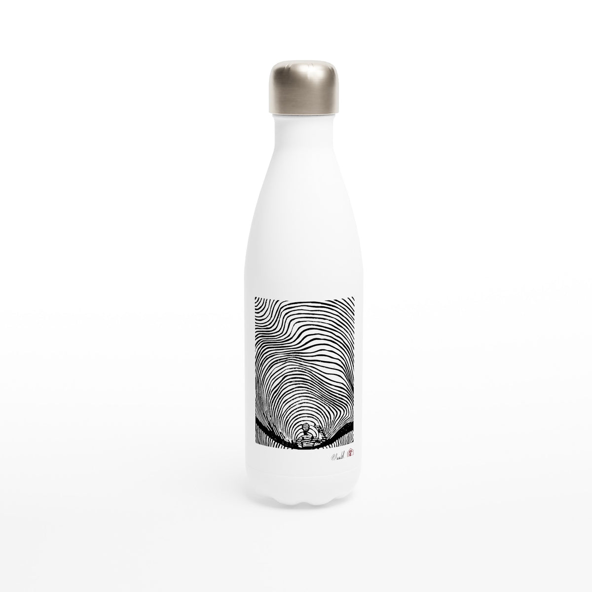 Stainless steel bottle with the linocut “Waves” – view 1