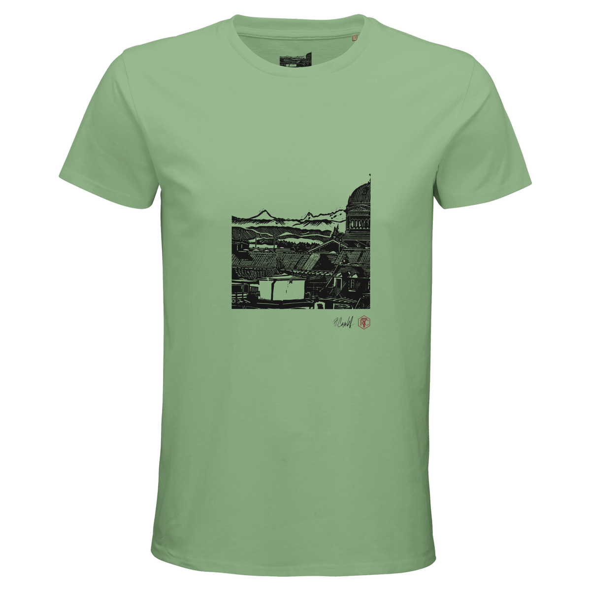 Organic cotton T-shirt with the linocut “Above Bern” – apple green, men’s cut