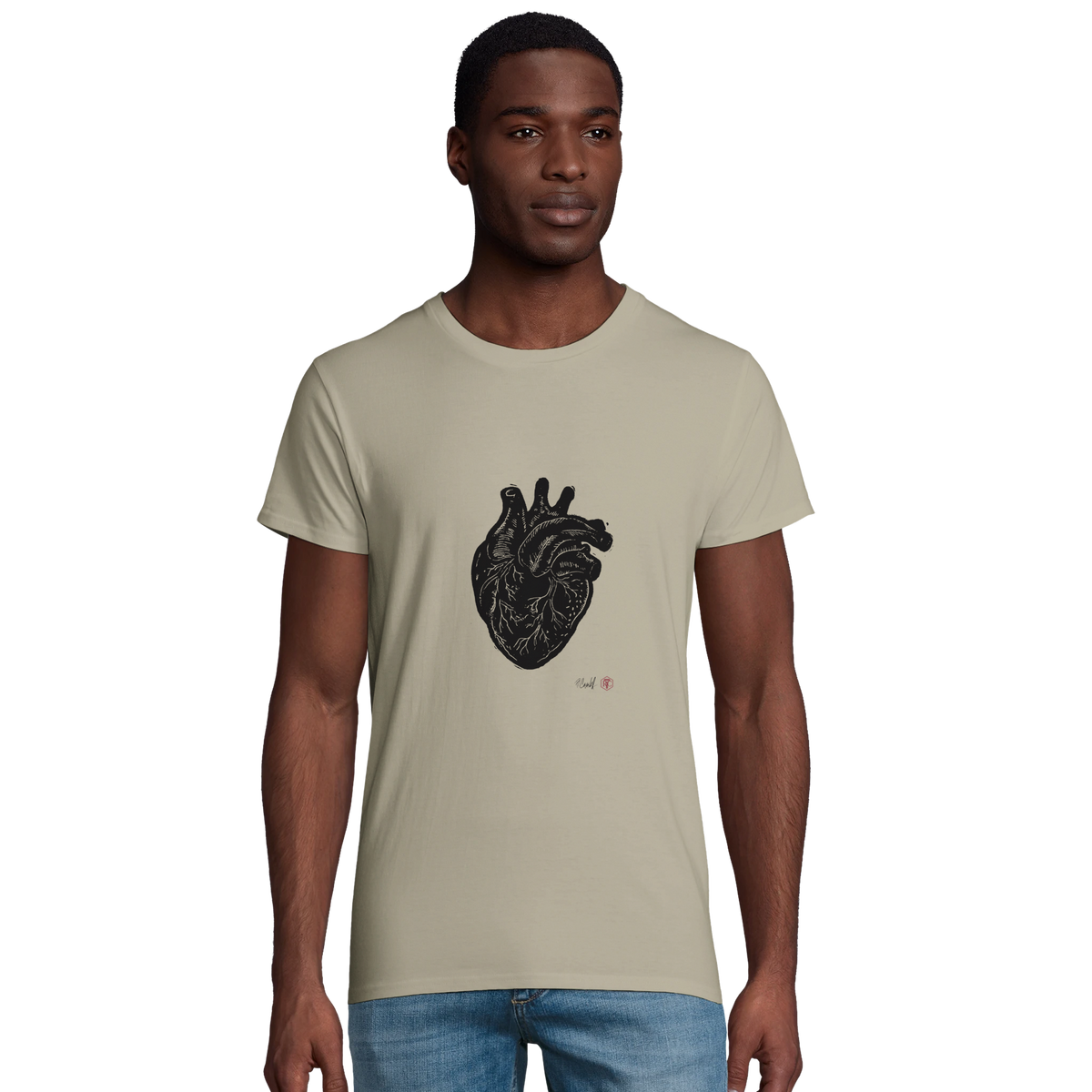 Model wearing T-shirt “Anatomical Heart”, sand, men’s cut – front view