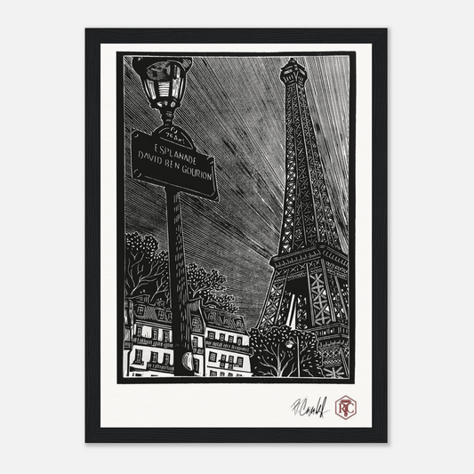 Framed art print, black wooden frame, linocut “Esplanade, Paris” – front view