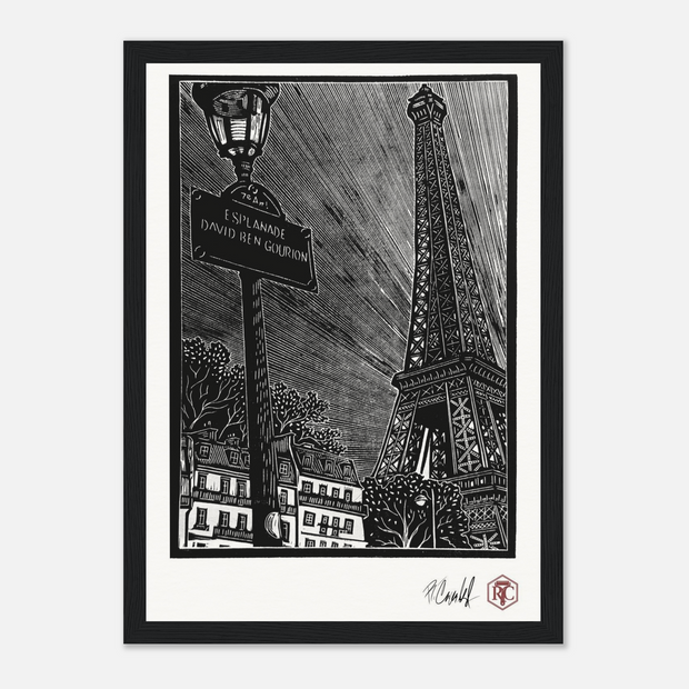 Framed art print, black wooden frame, linocut “Esplanade, Paris” – front view