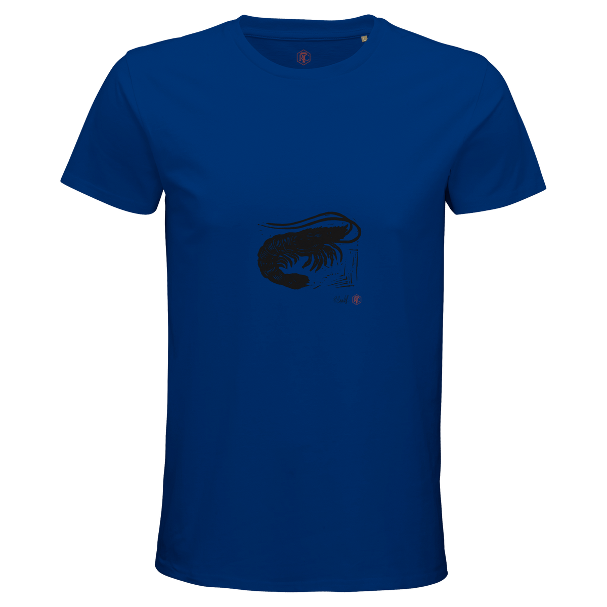 Organic cotton T-shirt with the linocut “Shrimp” – royal blue, men’s cut