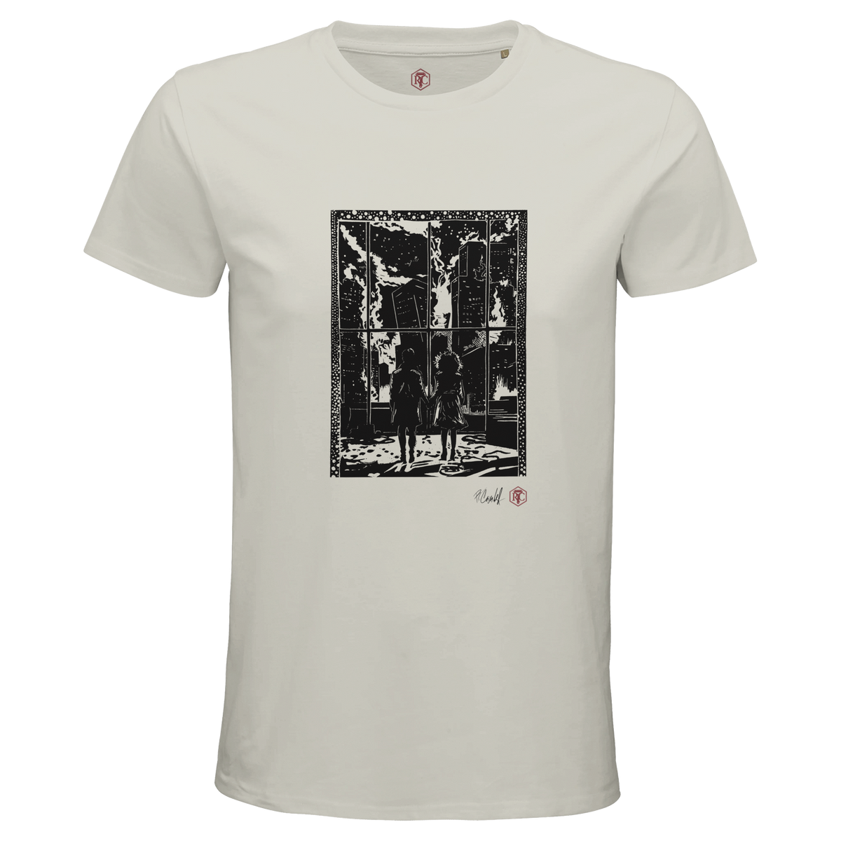 Organic cotton T-shirt with the linocut “The Window” – ash grey, men’s cut