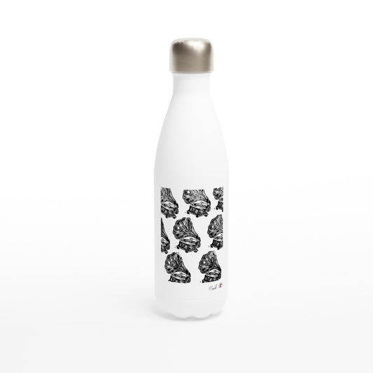 Stainless steel bottle with the linocut “Gramophones” – view 1