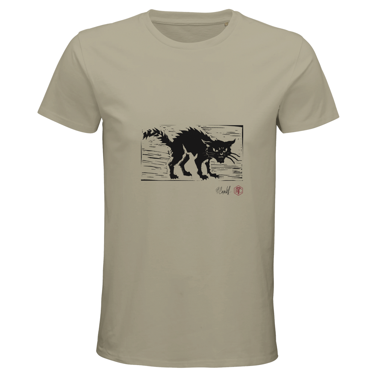 Organic cotton T-shirt with the linocut “Cat” – sand, men’s cut