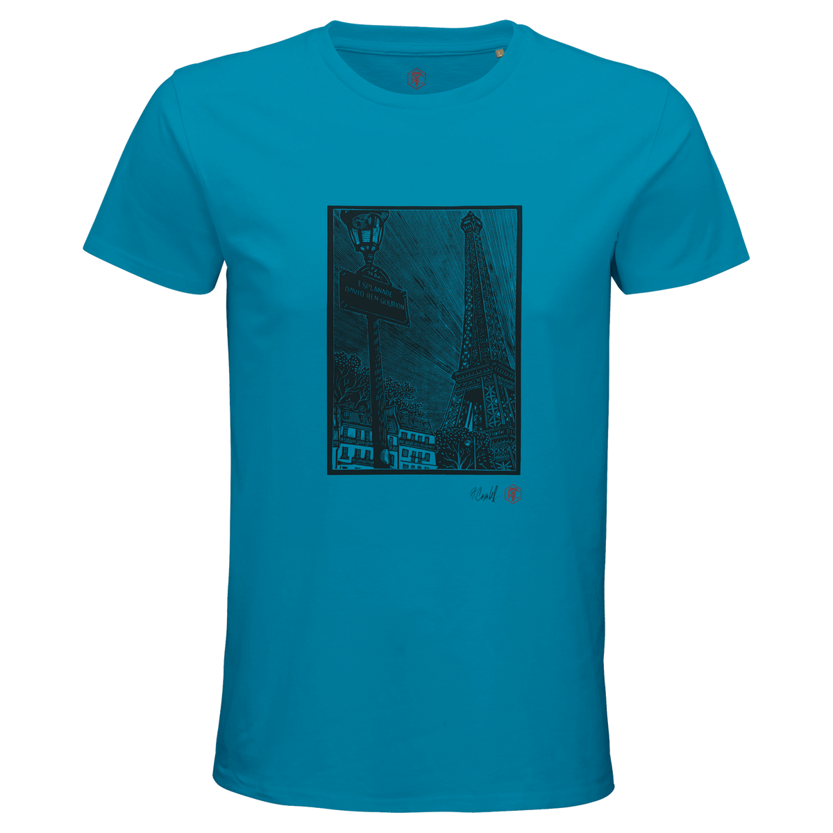 Organic cotton T-shirt with the linocut “Esplanade, Paris” – aqua, men’s cut
