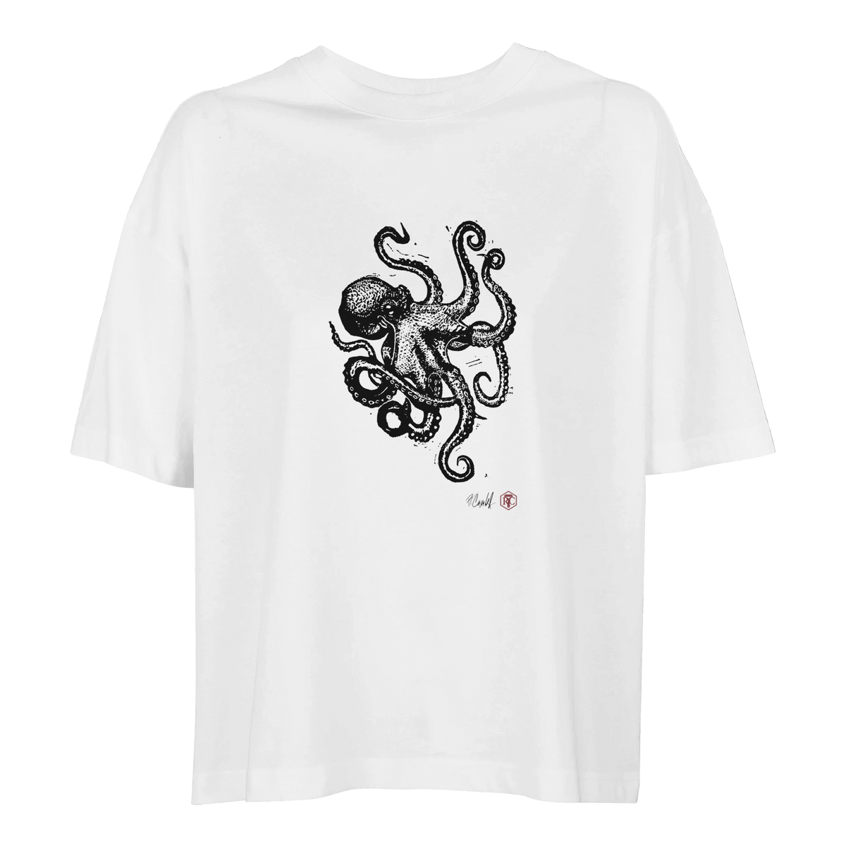 Organic cotton T-shirt with the linocut “Octopus” – white, women’s cut