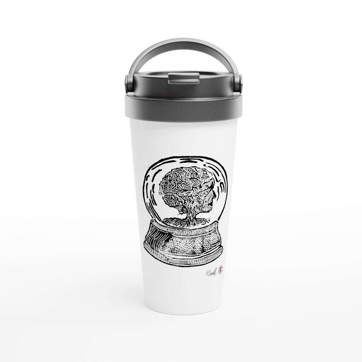 Stainless steel travel mug with the linocut “Snow Globe Tree” – view 1