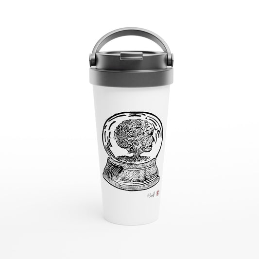 Stainless steel travel mug with the linocut “Snow Globe Tree” – view 1