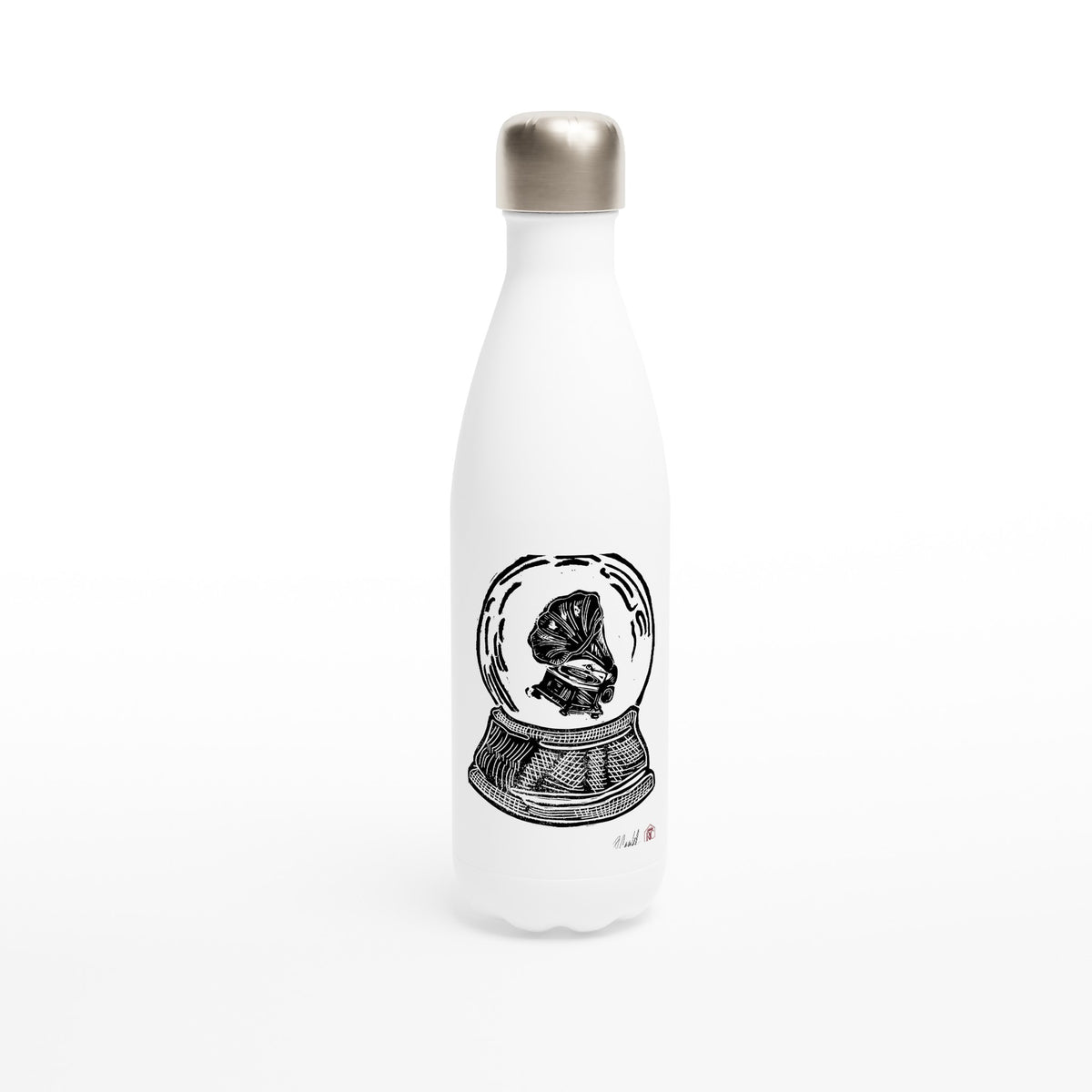 Stainless steel bottle with the linocut “Snow Globe Gramophone” – view 1