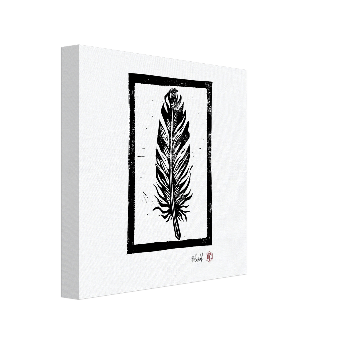 Canvas print 20 × 20 cm with the linocut “Feather” – side view