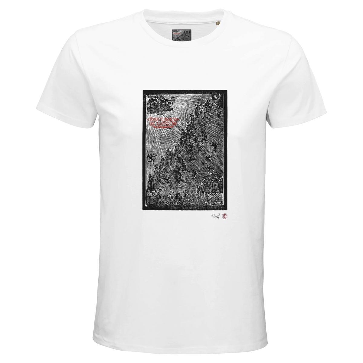 Organic cotton T-shirt with the linocut “The Ladder” – white, men’s cut