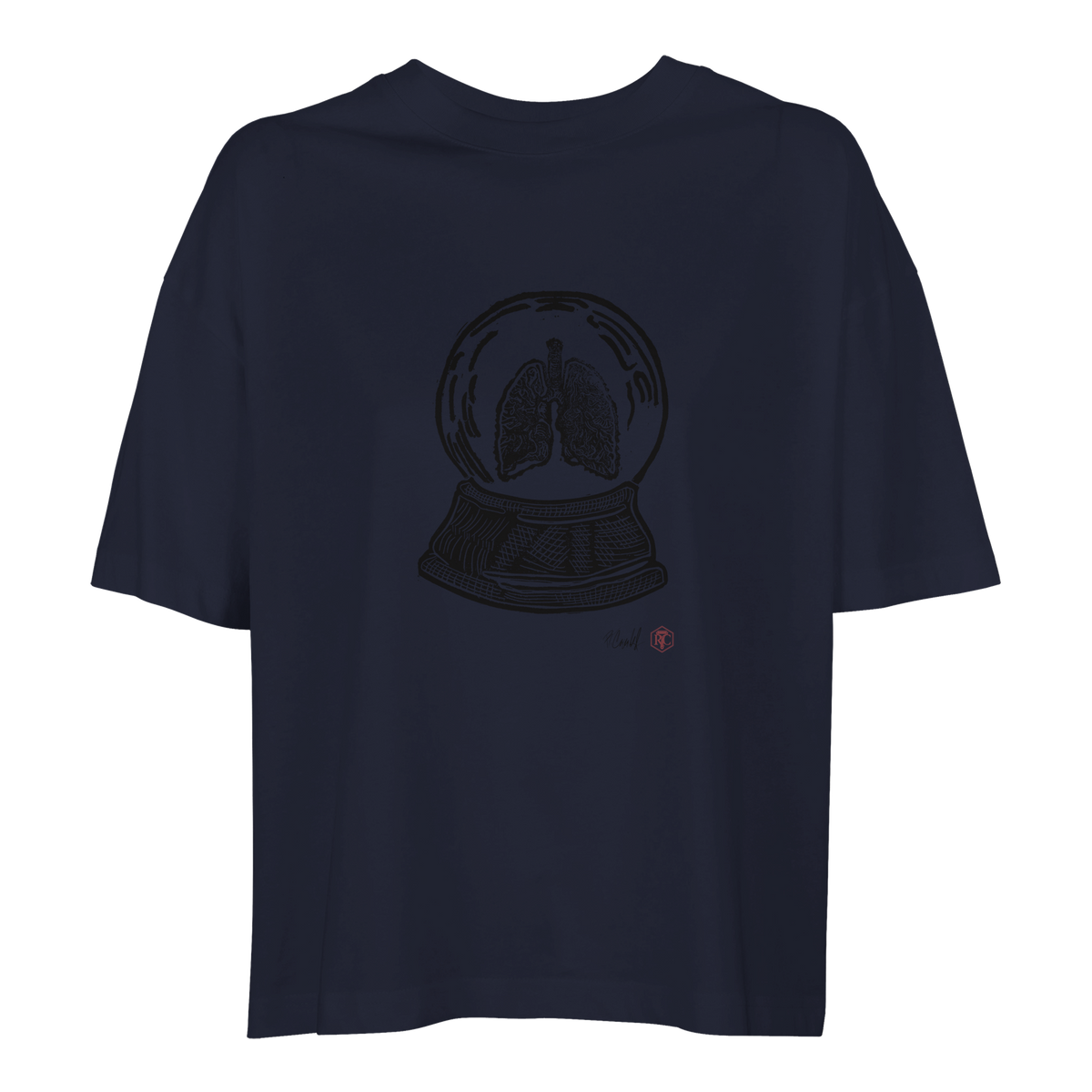 Organic cotton T-shirt with the linocut “Snow Globe Lungs” – navy blue, women’s cut