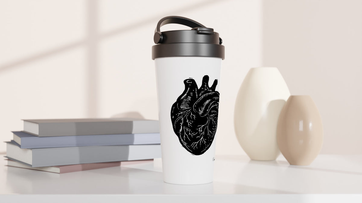 Stainless steel travel mug with the linocut “Anatomical Heart” – view 3