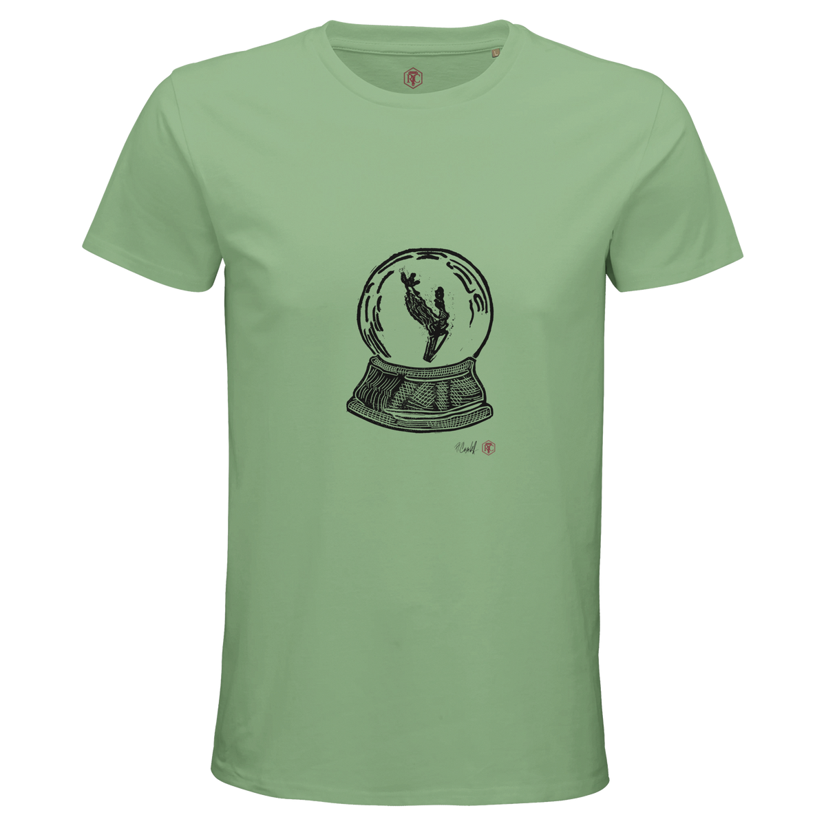 Organic cotton T-shirt with the linocut “Snow Globe Branch” – apple green, men’s cut