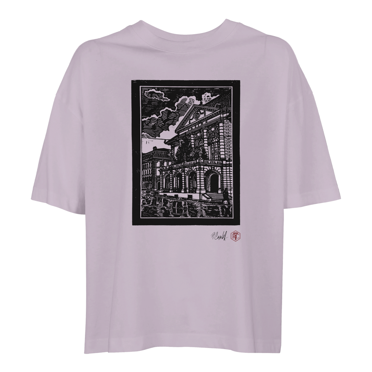Organic cotton T-shirt with the linocut “Casino Bern” – lilac, women’s cut