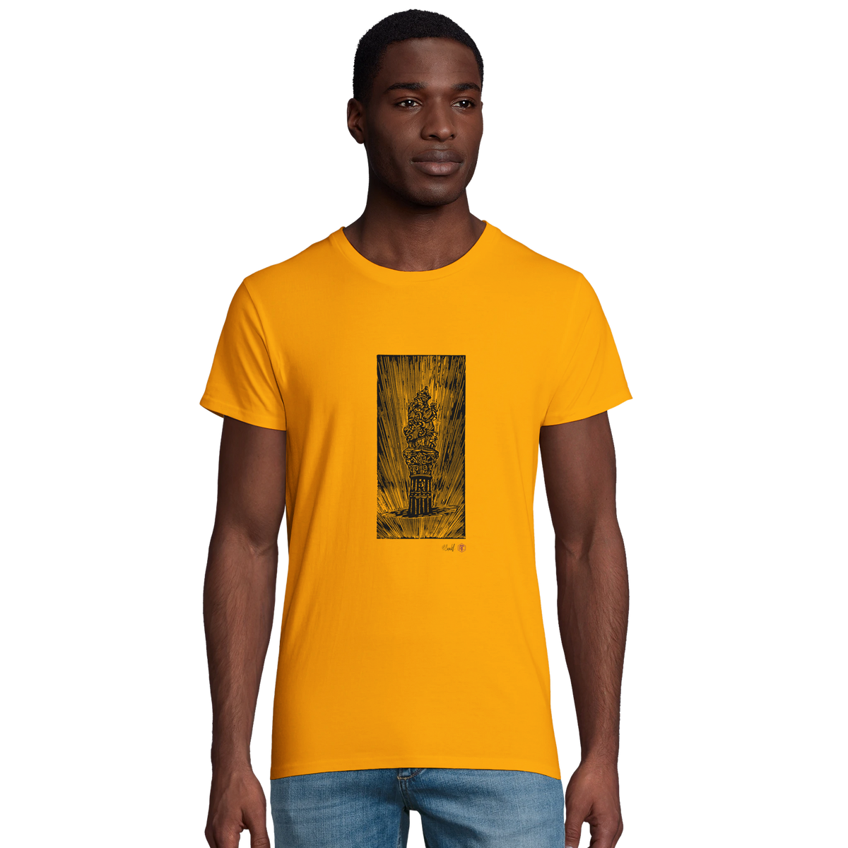 Model wearing T-shirt “The Fountain, Bern”, gold, men’s cut – front view