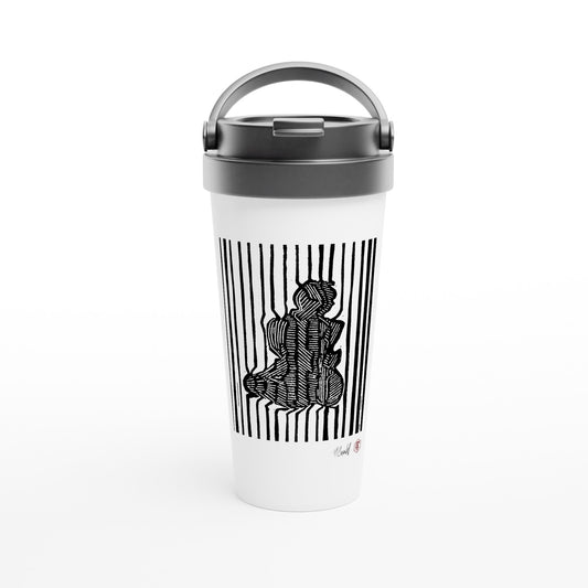 Stainless steel travel mug with the linocut “Stripes” – view 1
