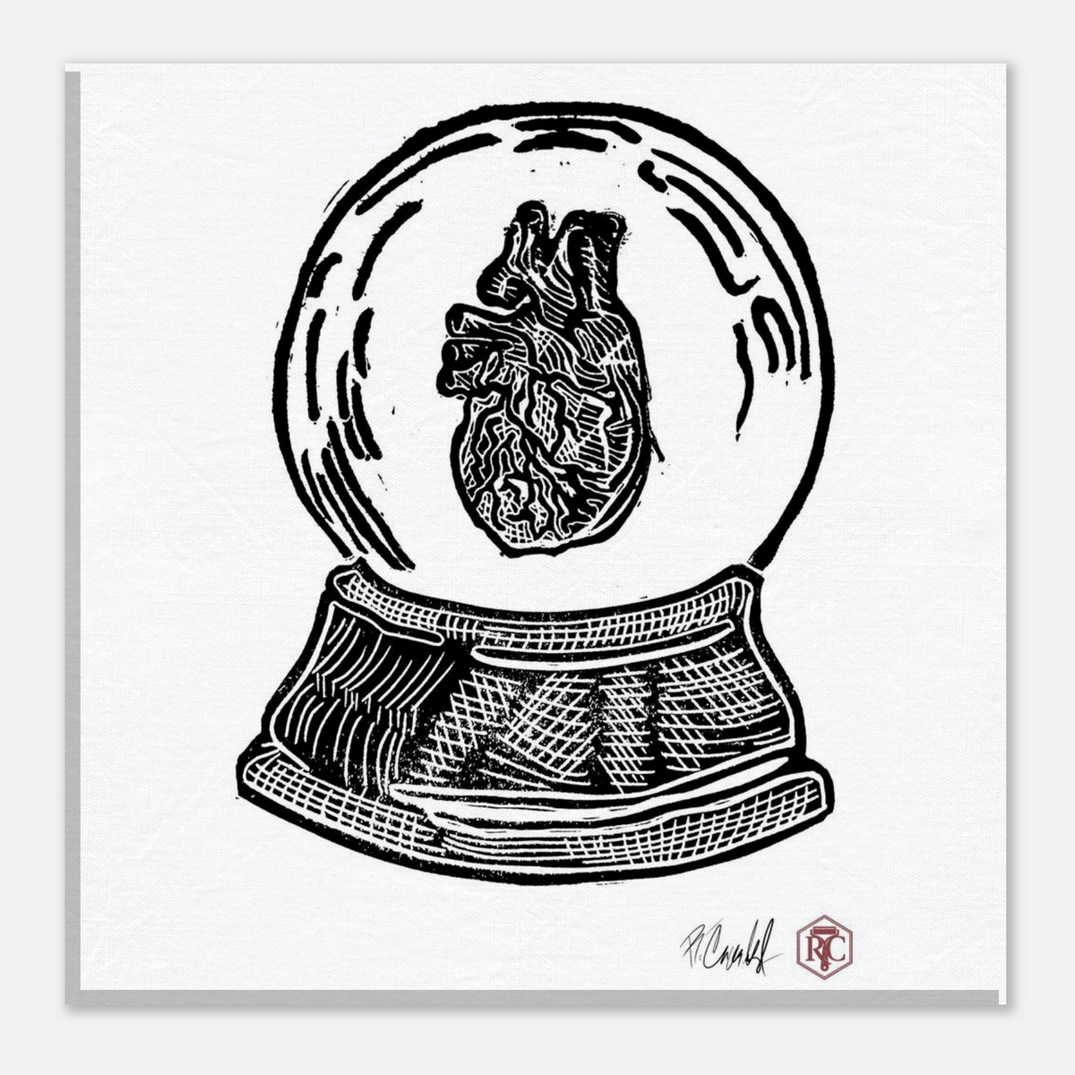 Canvas print 20 × 20 cm with the linocut “Snow Globe Heart” – side view