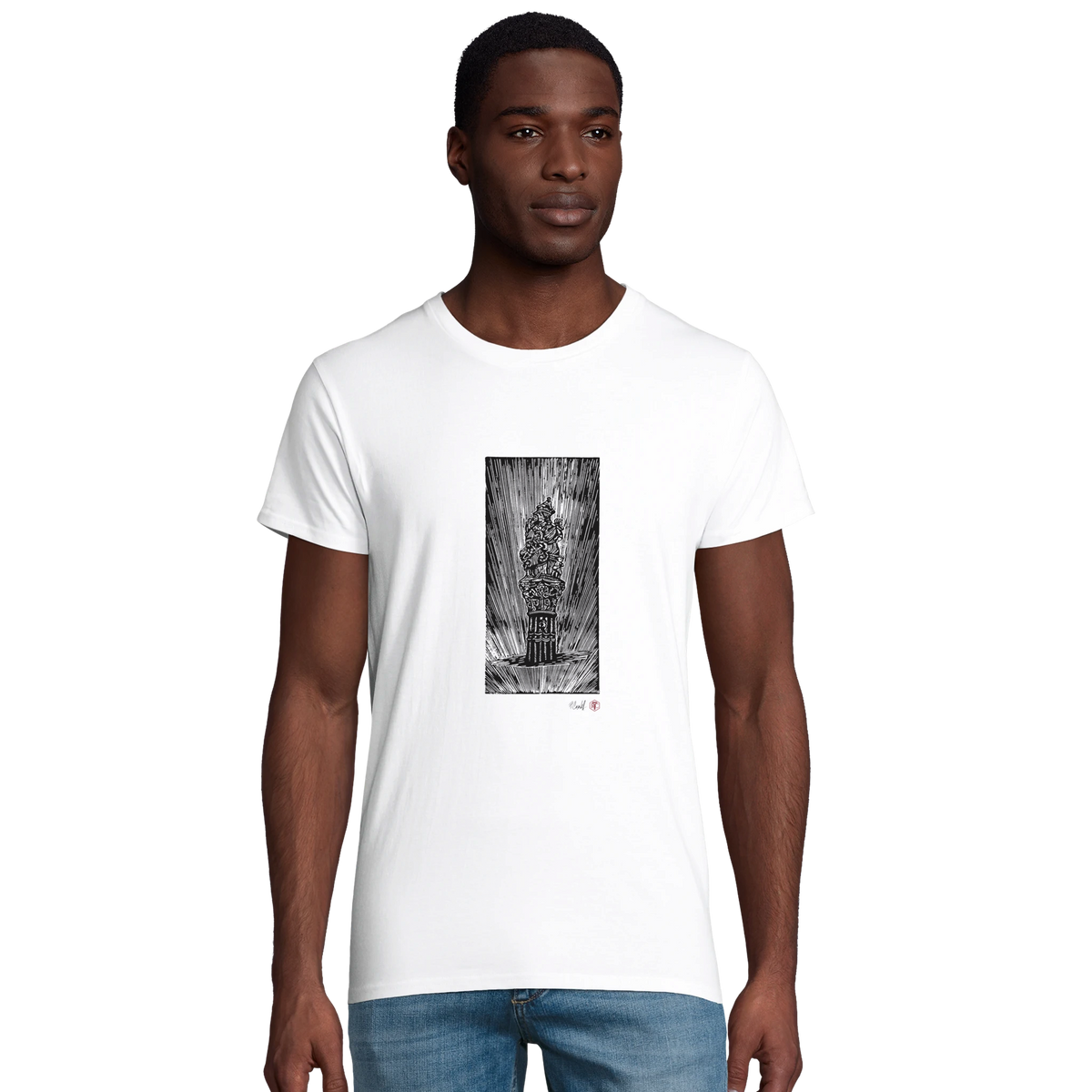 Model wearing T-shirt “The Fountain, Bern”, white, men’s cut – front view