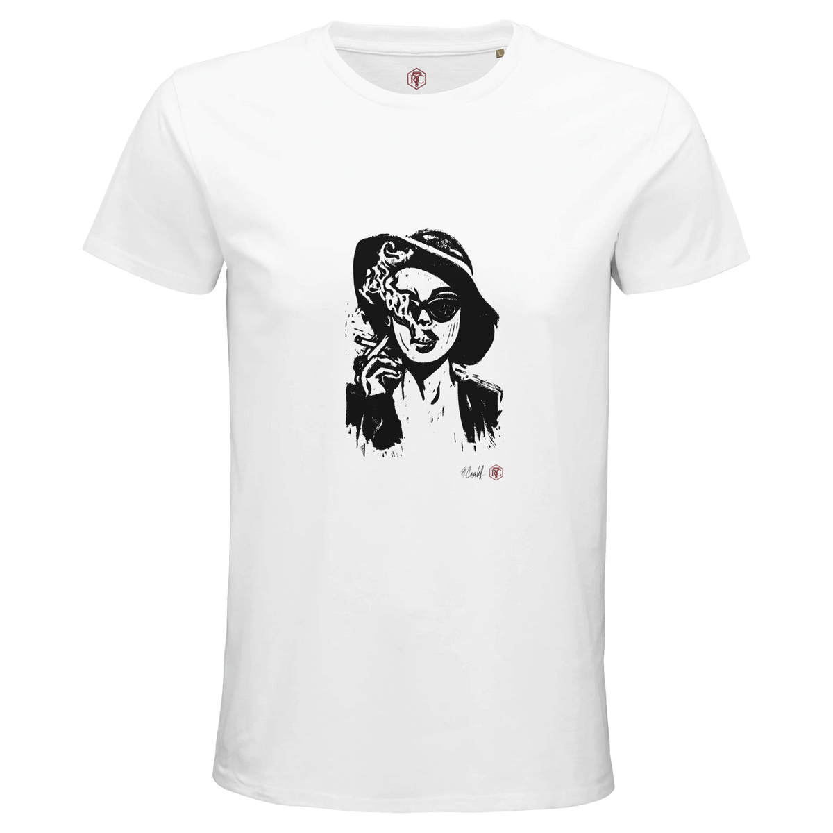 Organic cotton T-shirt with the linocut “Smoke” – white, men’s cut
