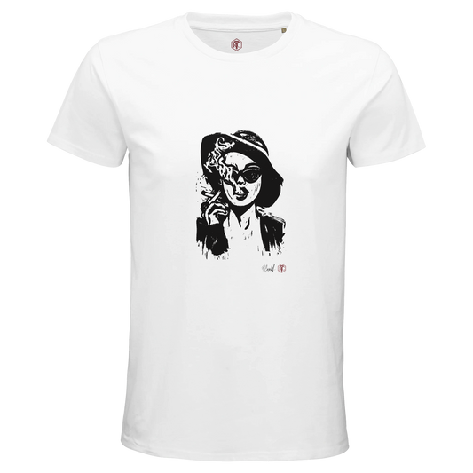 Organic cotton T-shirt with the linocut “Smoke” – white, men’s cut