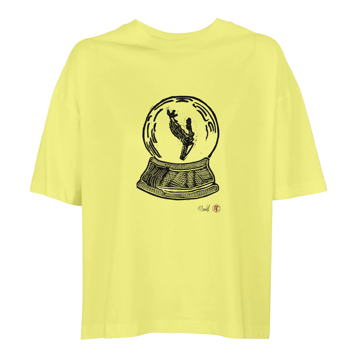 Organic cotton T-shirt with the linocut “Snow Globe Branch” – light yellow, women’s cut