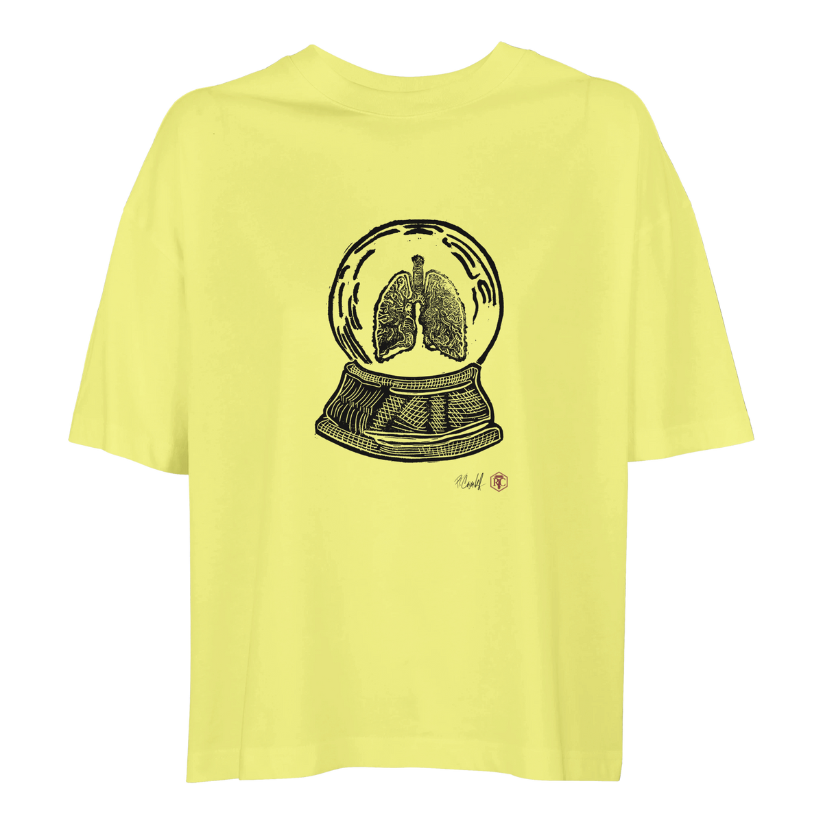 Organic cotton T-shirt with the linocut “Snow Globe Lungs” – light yellow, women’s cut