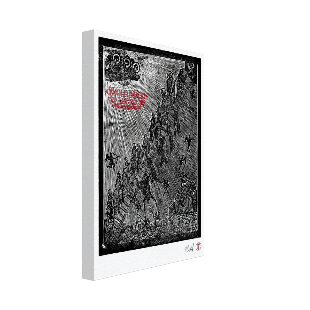 Canvas print with the linocut “The Ladder” – side view