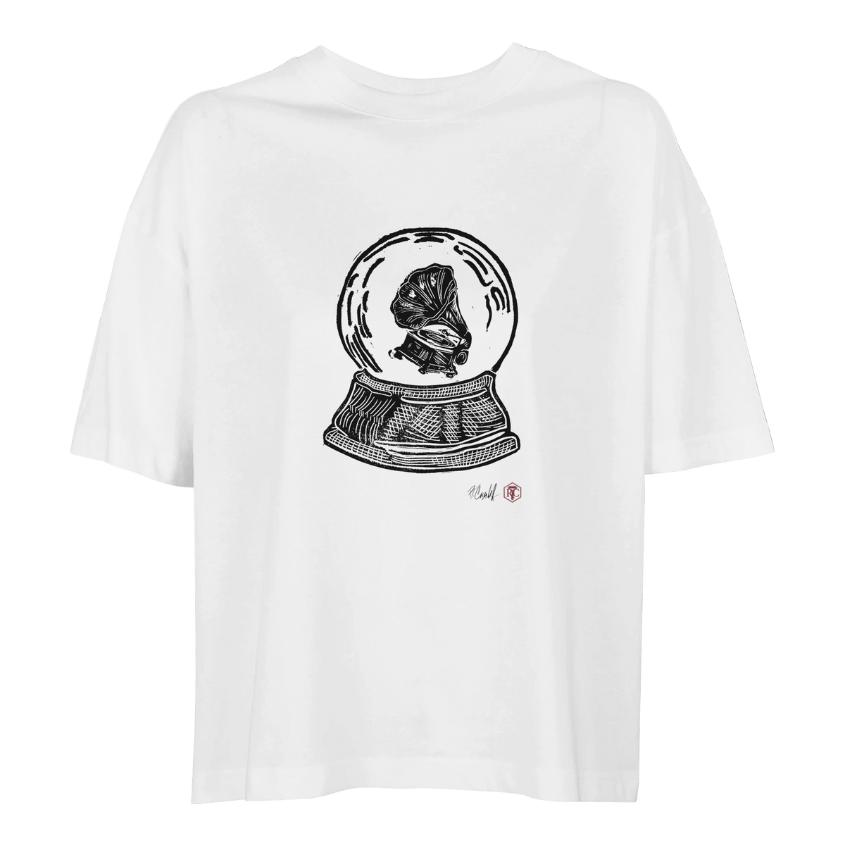 Organic cotton T-shirt with the linocut “Snow Globe Gramophone” – white, women’s cut