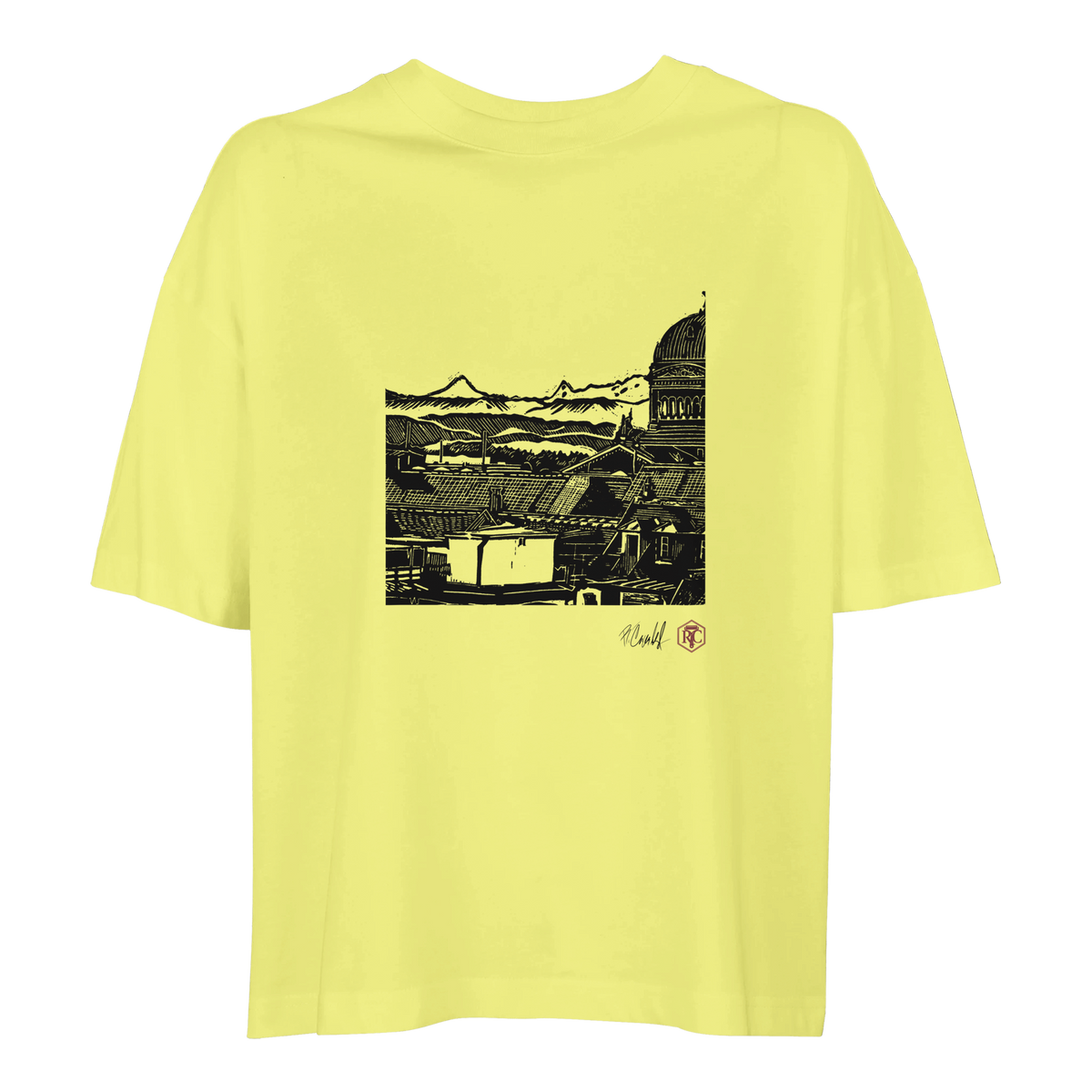 Organic cotton T-shirt with the linocut “Above Bern” – light yellow, women’s cut