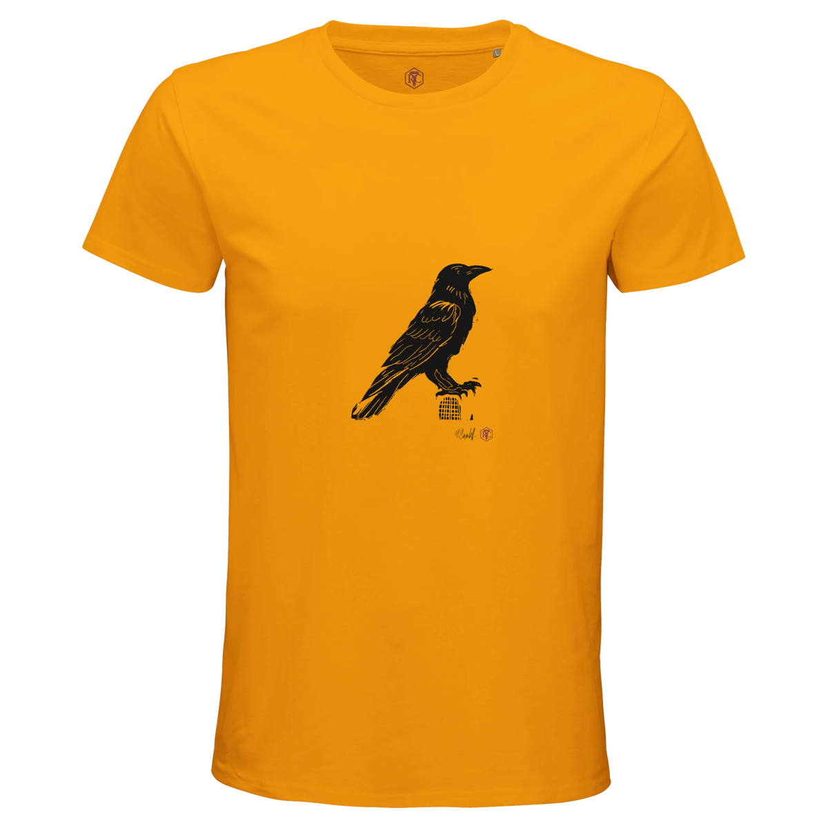 Organic cotton T-shirt with the linocut “Raven” – gold, men’s cut
