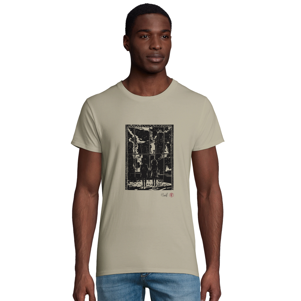 Model wearing T-shirt “The Window”, sand, men’s cut – front view