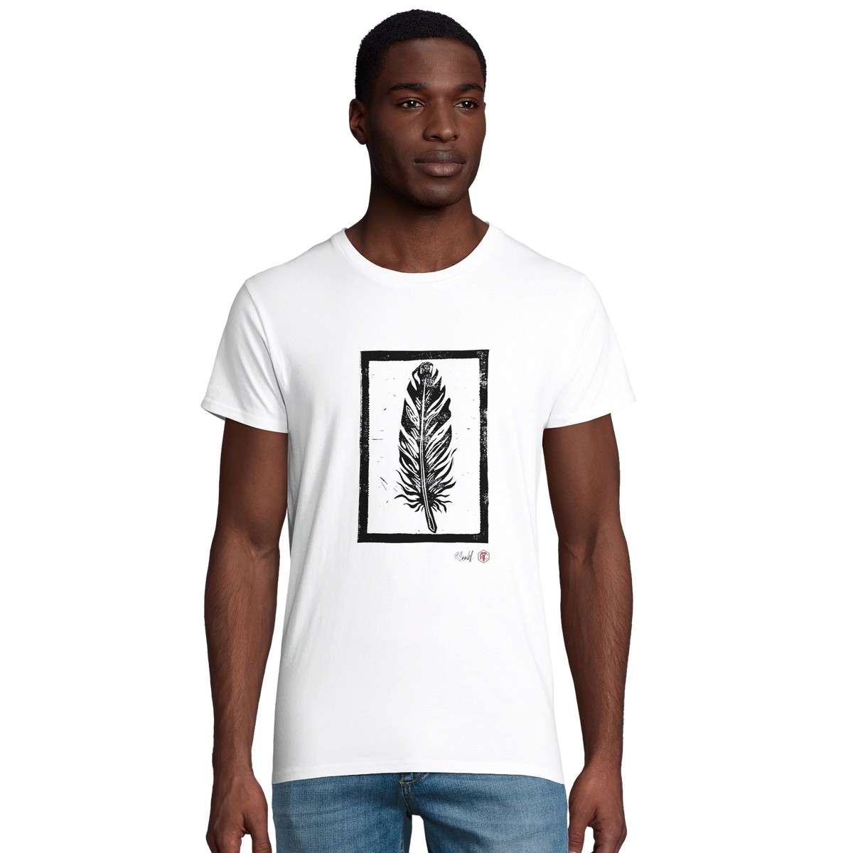 Model wearing T-shirt “Feather”, white, men’s cut – front view