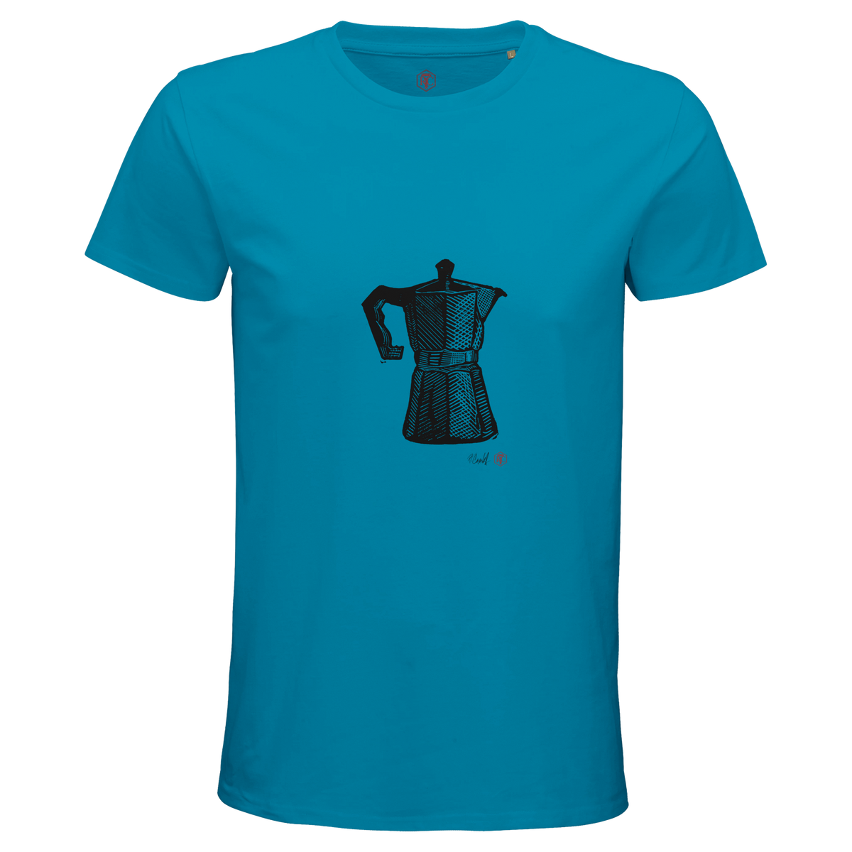 Organic cotton T-shirt with the linocut “Moka Pot” – aqua, men’s cut