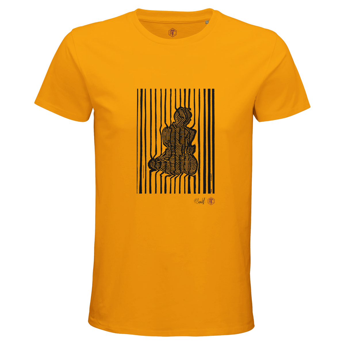 Organic cotton T-shirt with the linocut “Stripes” – gold, men’s cut