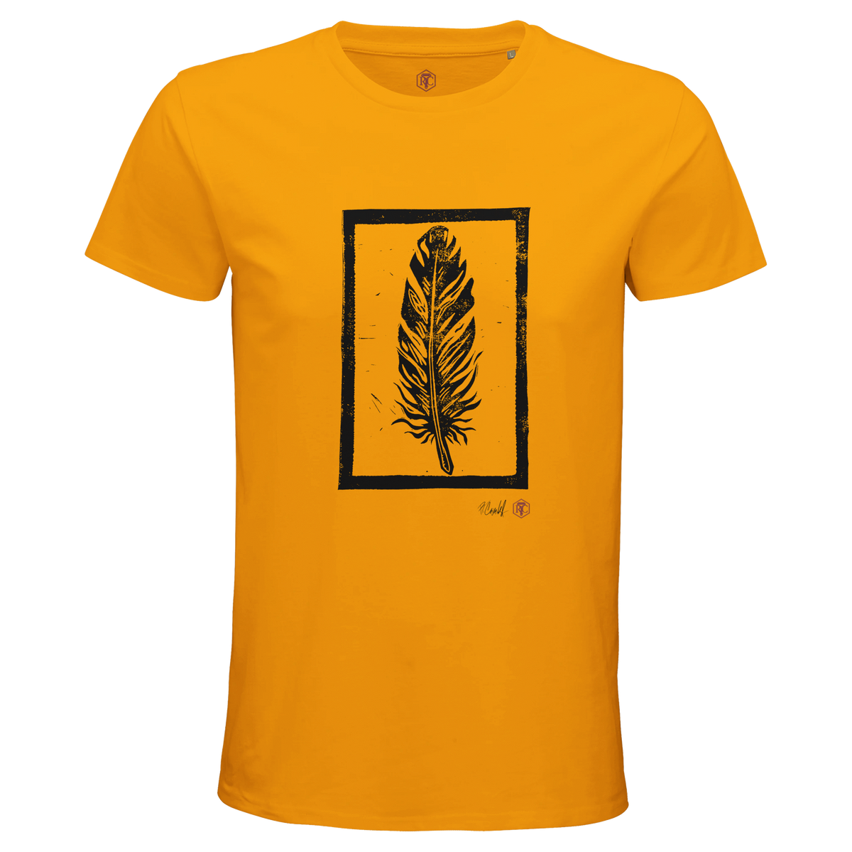 Organic cotton T-shirt with the linocut “Feather” – gold, men’s cut